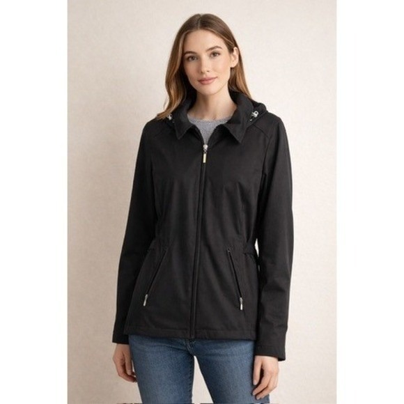 dressbarn Jackets & Blazers - Dressbarn Womens Black‎ Softshell Hooded Jacket Full Zip Gingham Lining 51920008